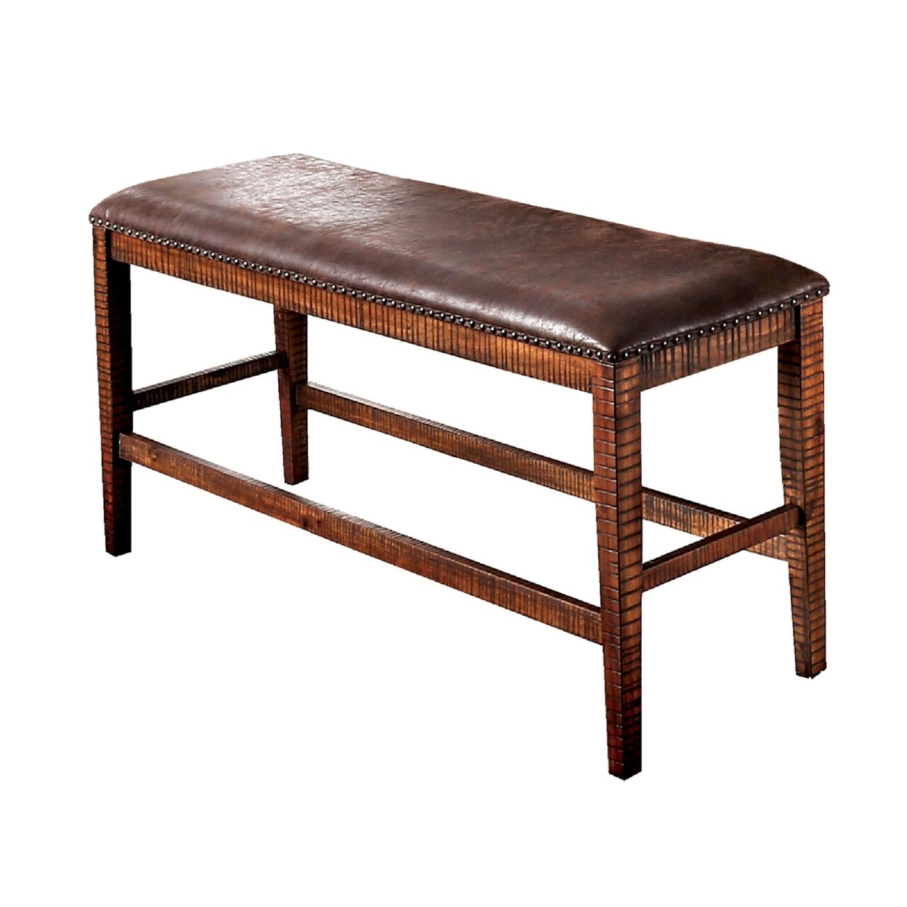 Saltoro Sherpi Wood and Faux leather Counter Height Bench with Nailhead Trims, Brown-